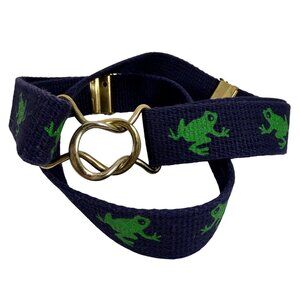 VTG Adjustable Green Frog Patterned Navy On Blue Canvas Belt Brass D-Ring Buckle